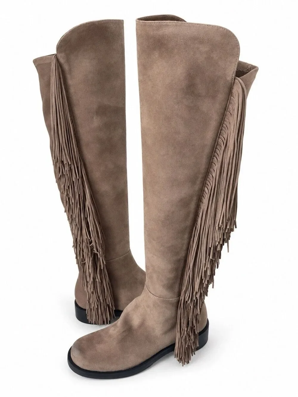 Stuart Weitzman Mane Fringe Over the Knee Taupe Beige Suede 50/50 Boots 8 NEW